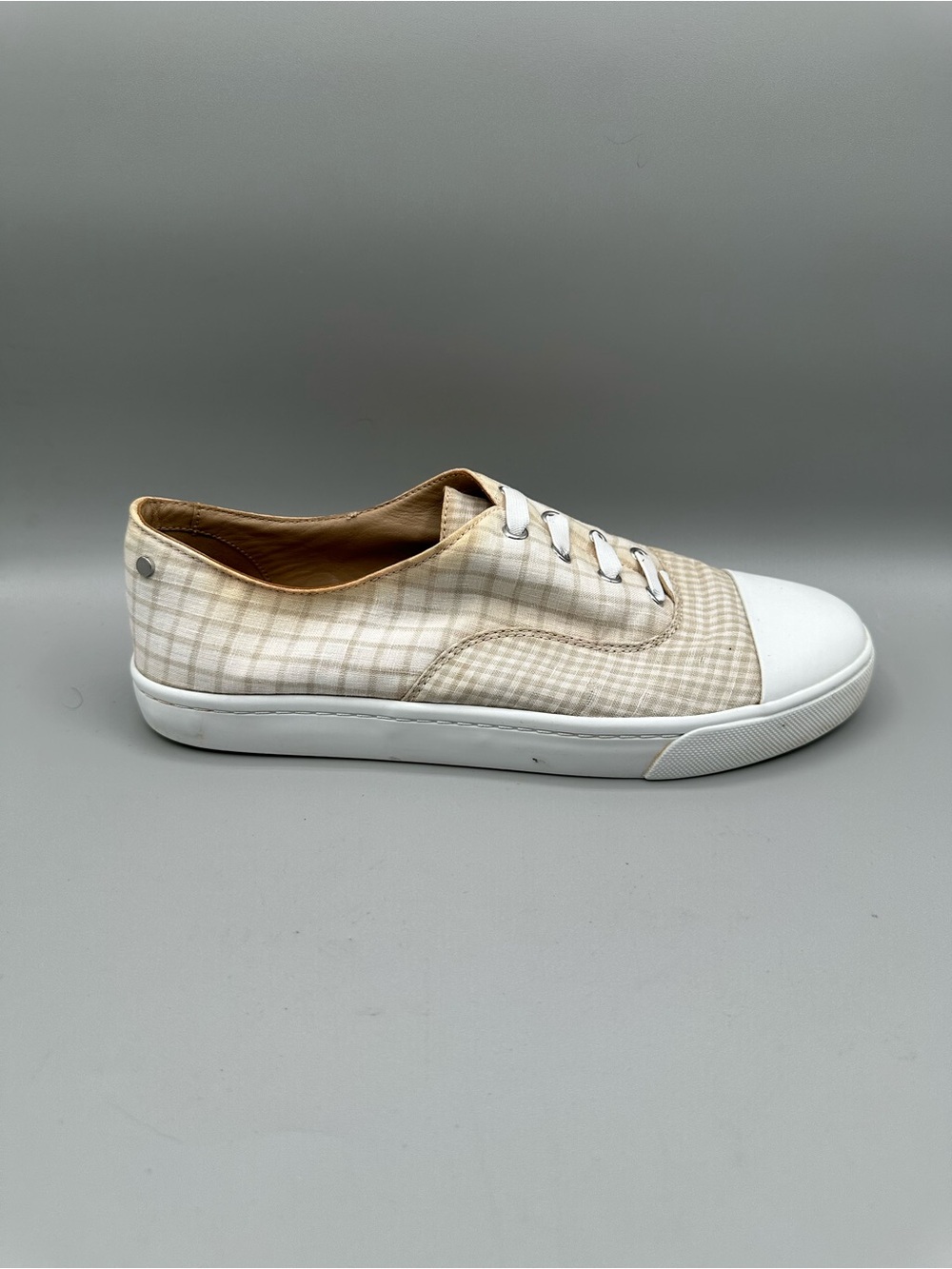 Lafayette 148 New York Beige & White Plaid Canvas Slip On Sneaker Women 8